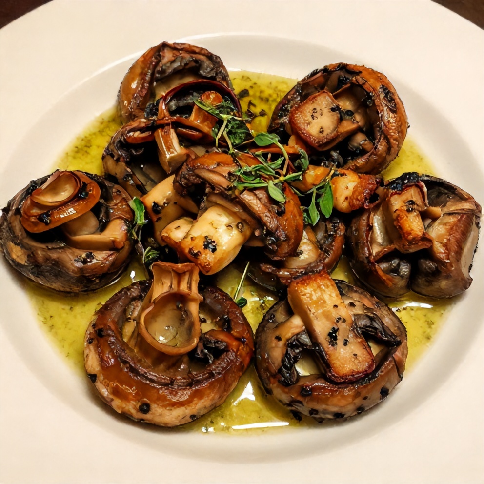 One perfect plated serving of crispy garlic herb butter sautéed mushrooms on a white plate, garnished with fresh thyme and a drizzle of garlic herb butter sauce.