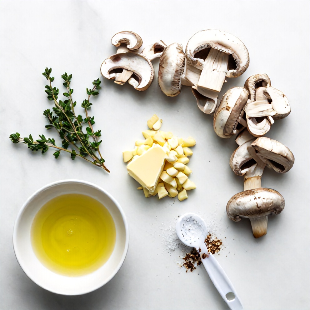 Overhead flat lay of sliced mushrooms, minced garlic, fresh thyme, butter, olive oil, salt, and pepper arranged on a white marble surface with bright even light.