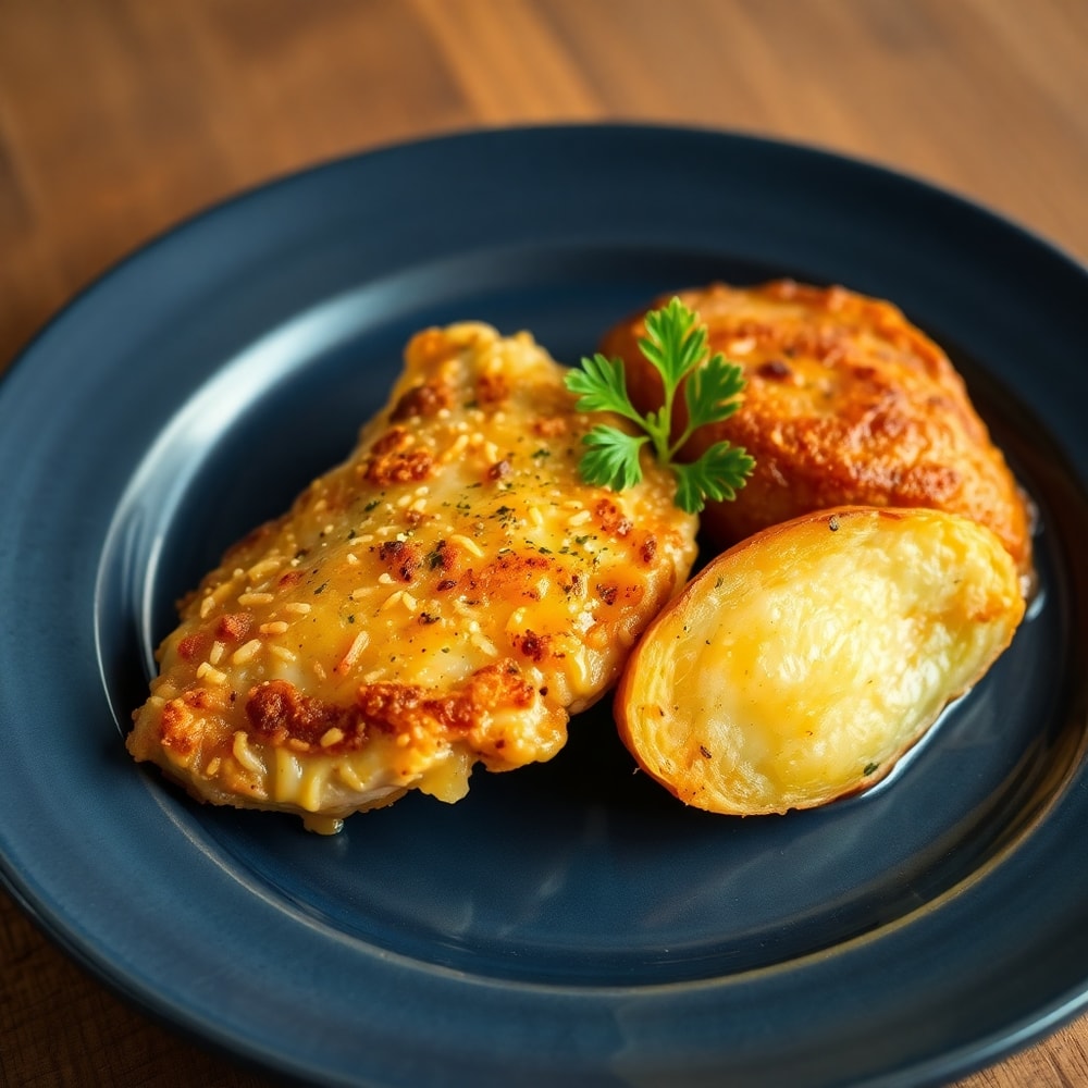 Plated Garlic Parmesan Chicken and Potatoes