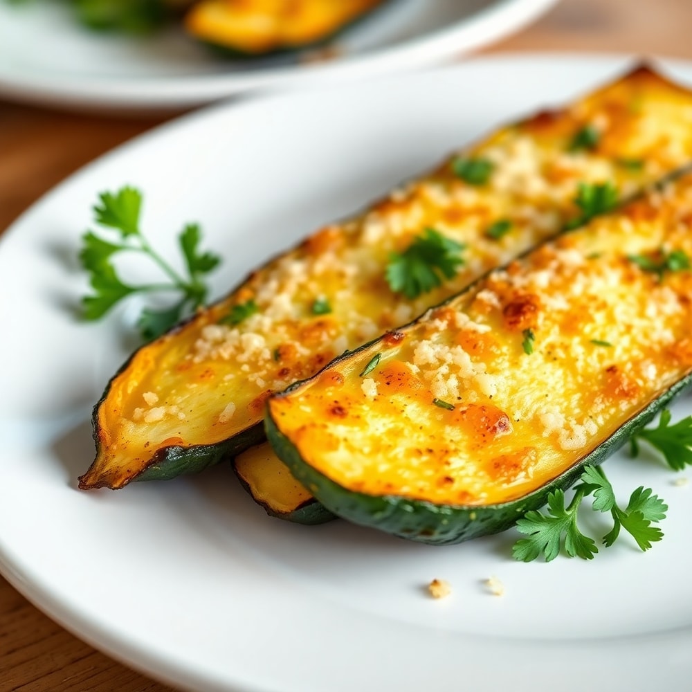 One perfect plated serving of crispy garlic parmesan roasted zucchini on a white plate, garnished with fresh parsley, showing crispy edges and melty cheese.
