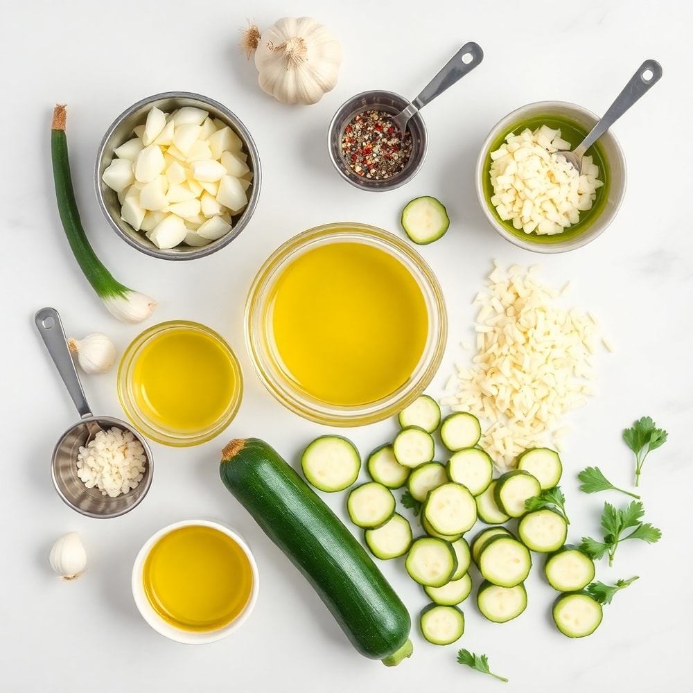 Overhead flat lay of garlic, parmesan cheese, zucchini, olive oil, salt, pepper, and minced garlic filling the frame, with prep bowls and measuring spoons visible on a white marble surface.