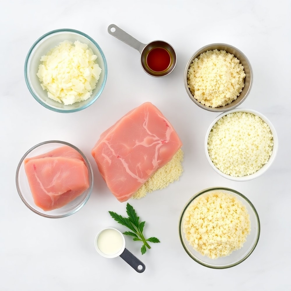 Raw ingredients for Crispy Garlic Pork Bites on a white marble surface