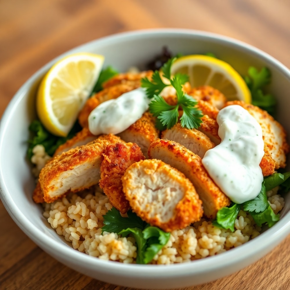 Plated Greek Chicken Bowl with crispy chicken and tzatziki