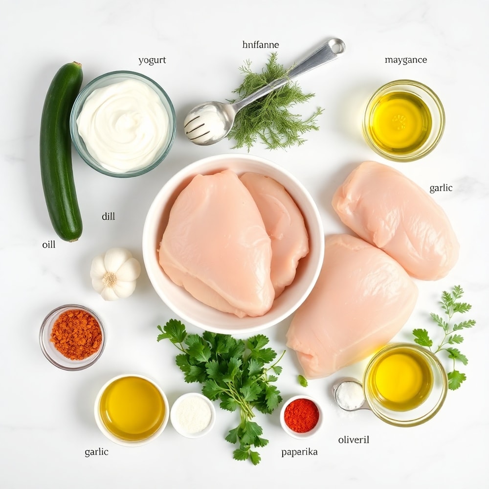 Raw ingredients for Greek Chicken Bowl on marble surface