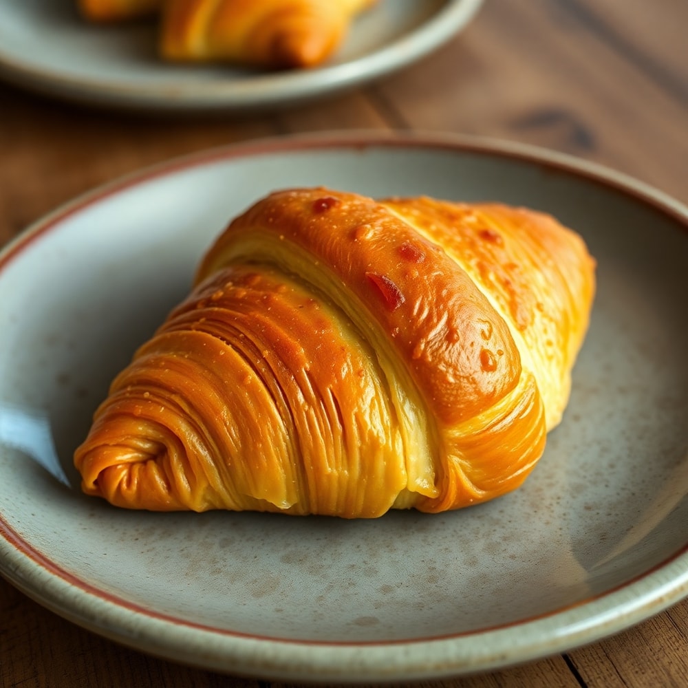Plated ham and cheese croissant on a rustic plate