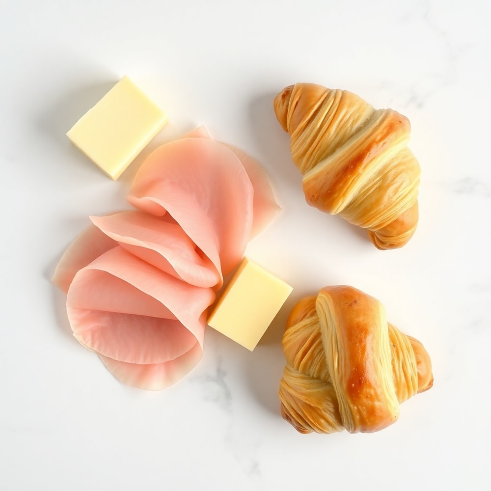 Ham, cheese, butter, and croissant dough on a marble surface