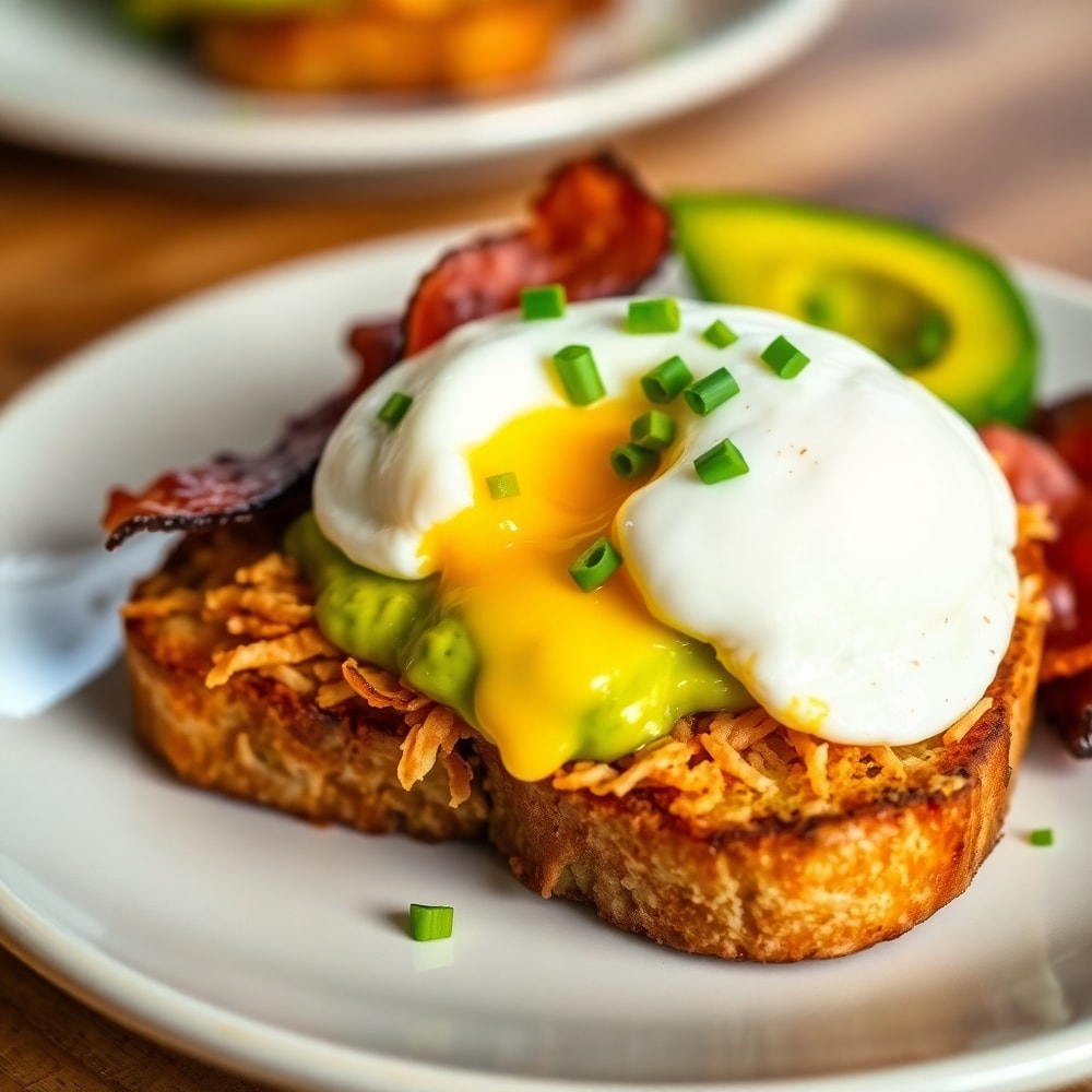 Plated hash brown avocado toast with a poached egg