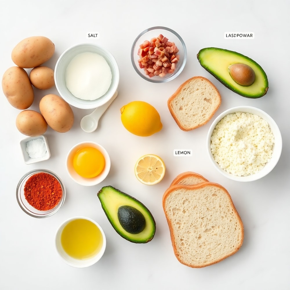 Raw ingredients for hash brown avocado toast on a marble surface