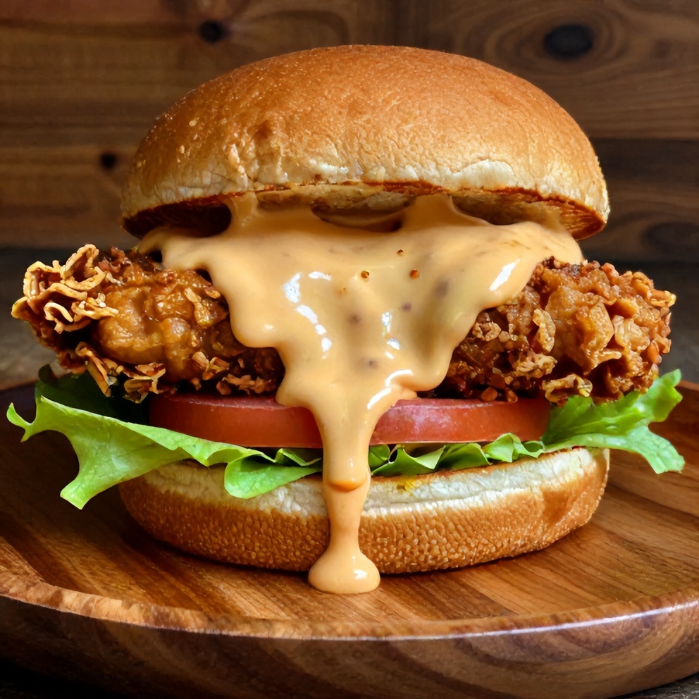 Plated homemade chicken burger with lettuce, tomato, and Bang-Bang sauce on a rustic plate
