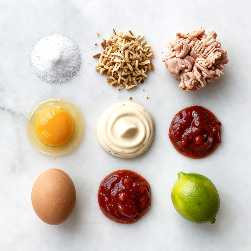 Raw ingredients for homemade chicken burgers: ground chicken, breadcrumbs, egg, seasonings, and burger buns