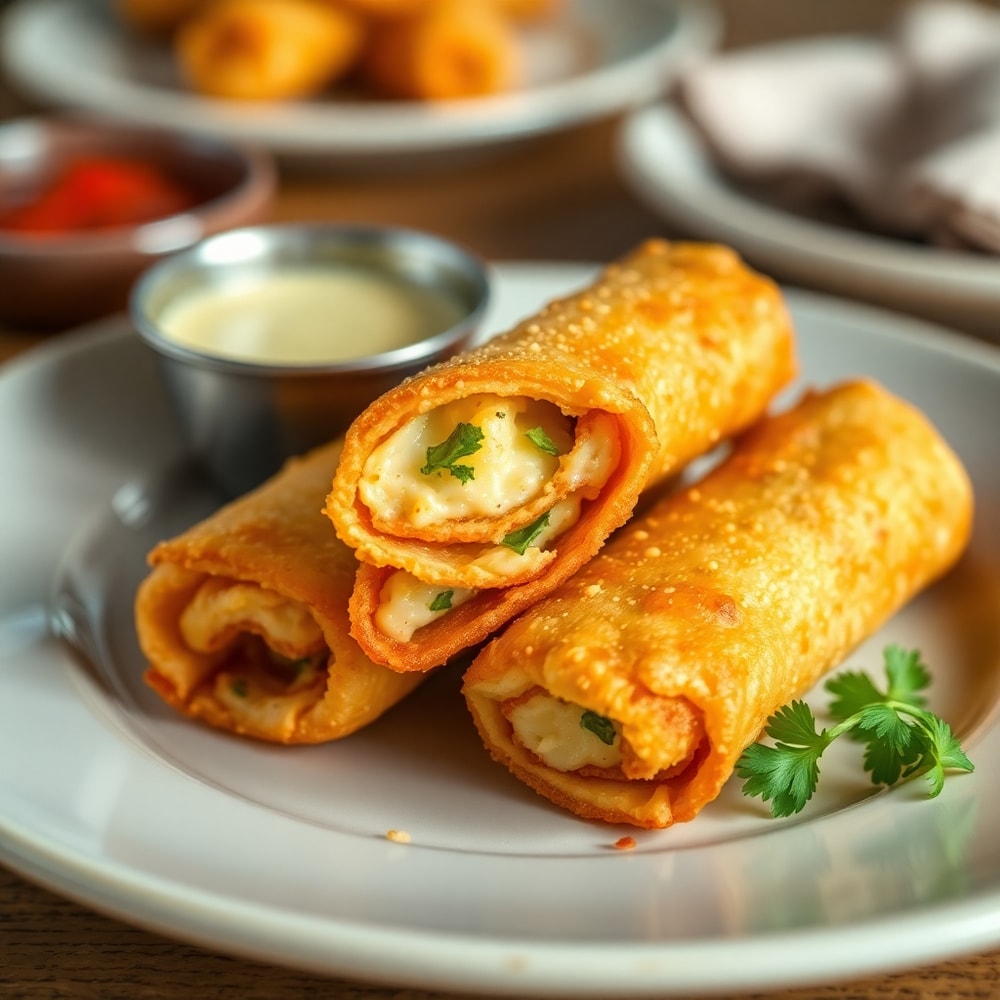 Plated serving of Crispy Jalapeño Popper Egg Rolls on a white plate