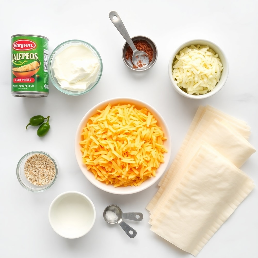 Raw ingredients for Jalapeño Popper Egg Rolls on a white marble surface