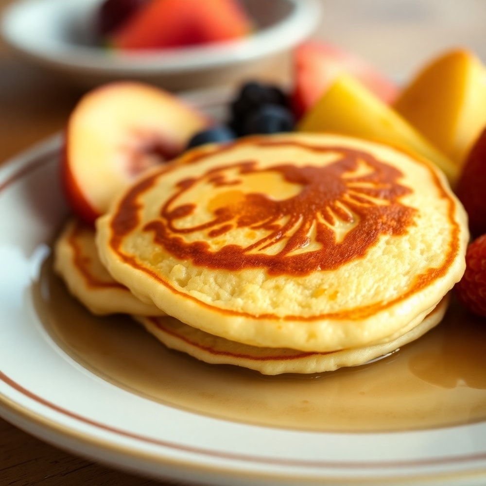 Stack of Lion Pancakes with a side of fresh fruit