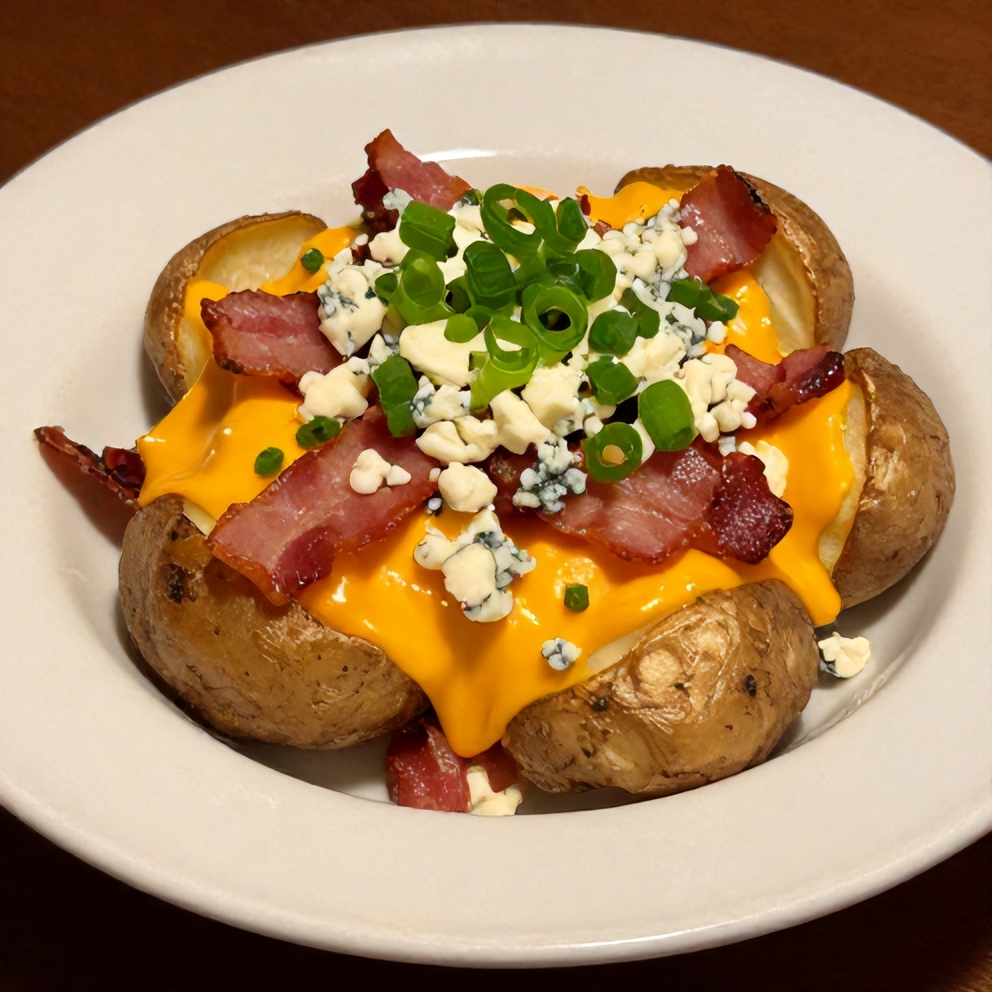 Plated loaded baked potatoes with cheddar and bacon