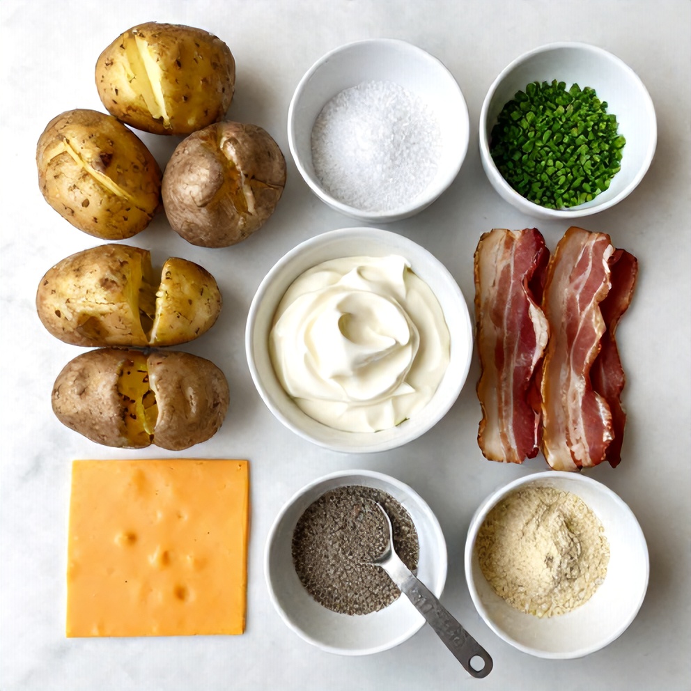 Raw ingredients for loaded baked potatoes