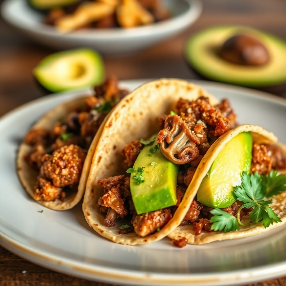 Plated Mushroom Tacos with avocado
