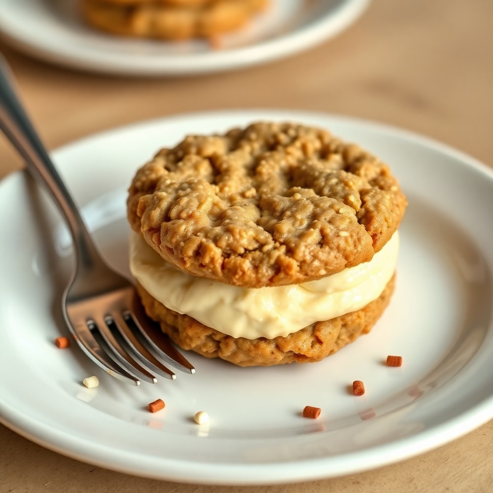 Oatmeal cream pie on a white plate with a fork