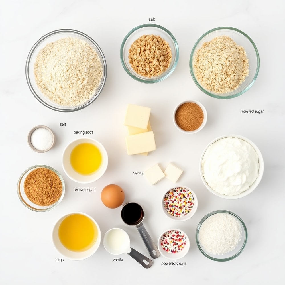Raw ingredients for oatmeal cream pies on a white marble surface
