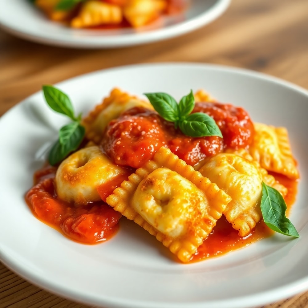 Crispy Ravioli Appetizer plated with marinara sauce and fresh basil