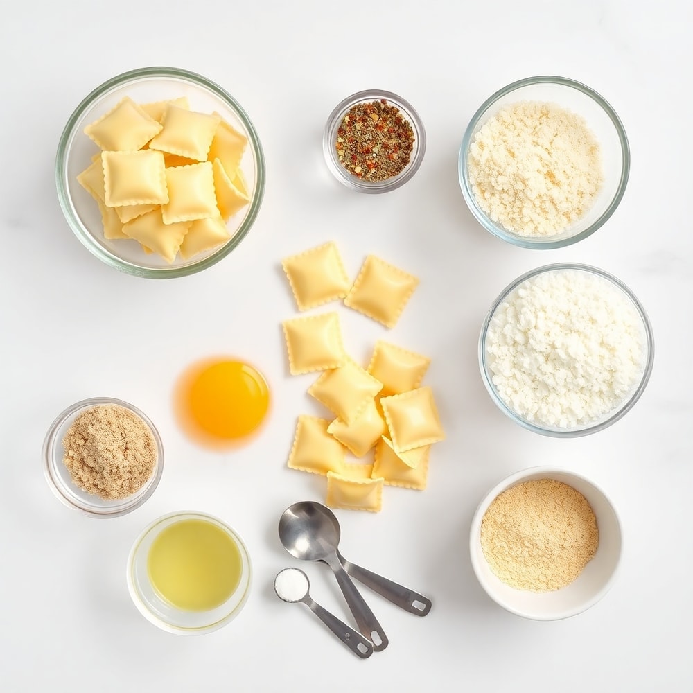 Raw ingredients for Crispy Ravioli Appetizer: frozen ravioli, eggs, breadcrumbs, parmesan, garlic powder, and Italian seasoning