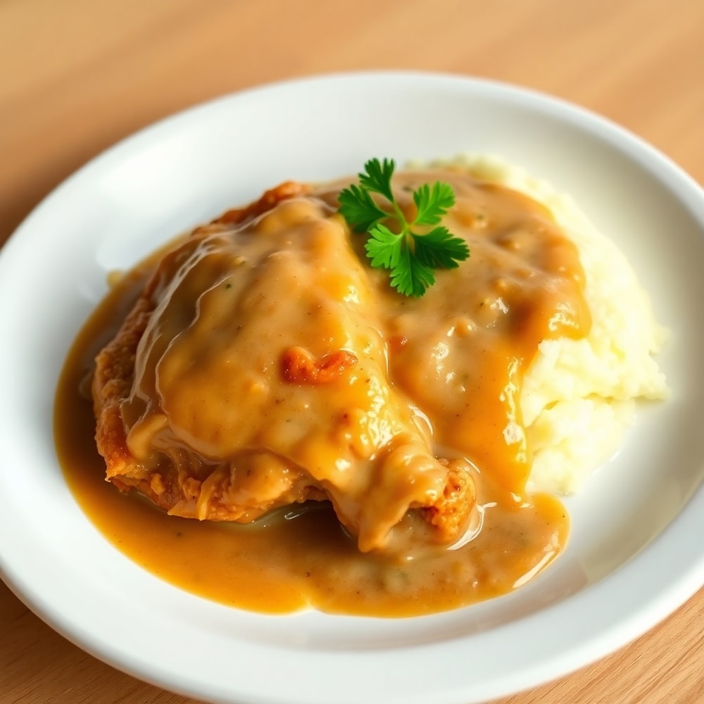 Plated Smothered Chicken with mashed potatoes