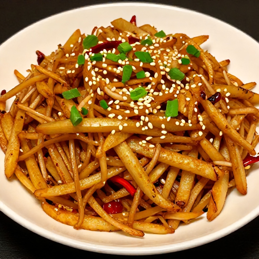 Plated Spicy Potato Noodles with Garlic and Chili Sauce