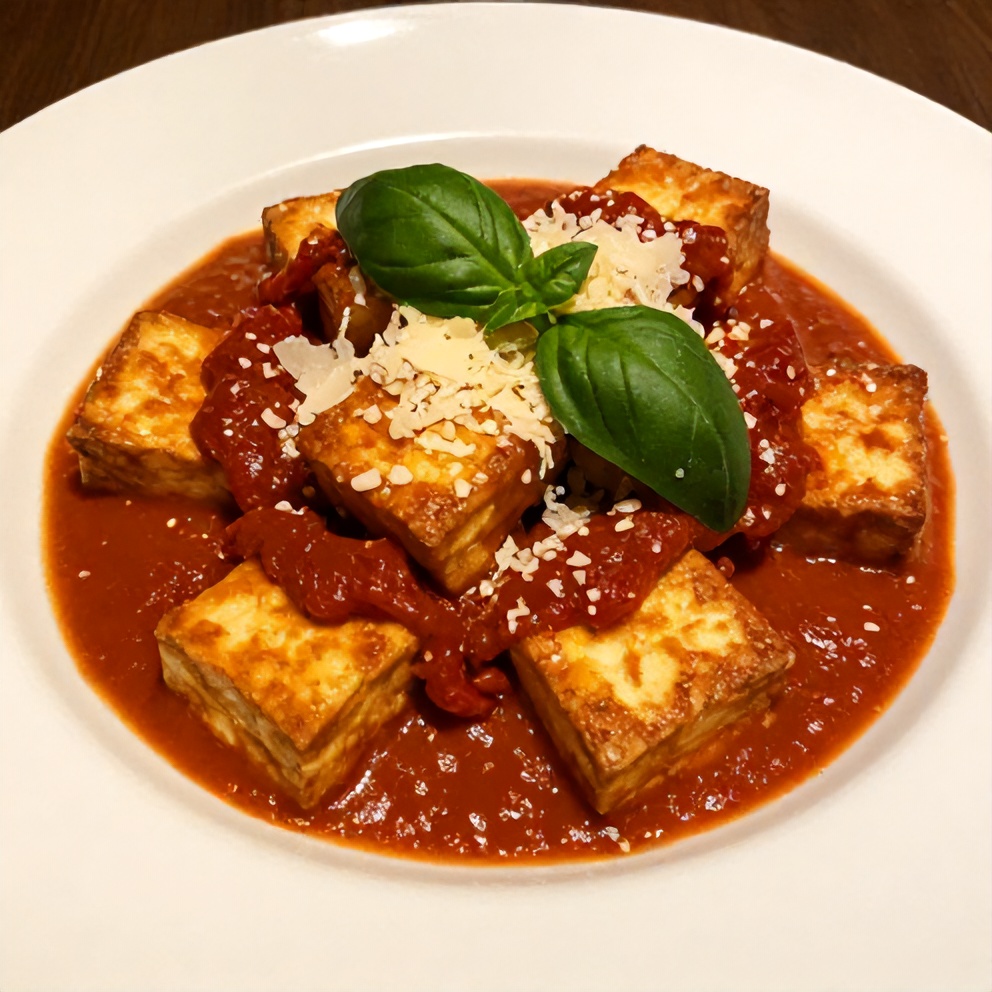 Plated crispy tofu in creamy sun-dried tomato sauce