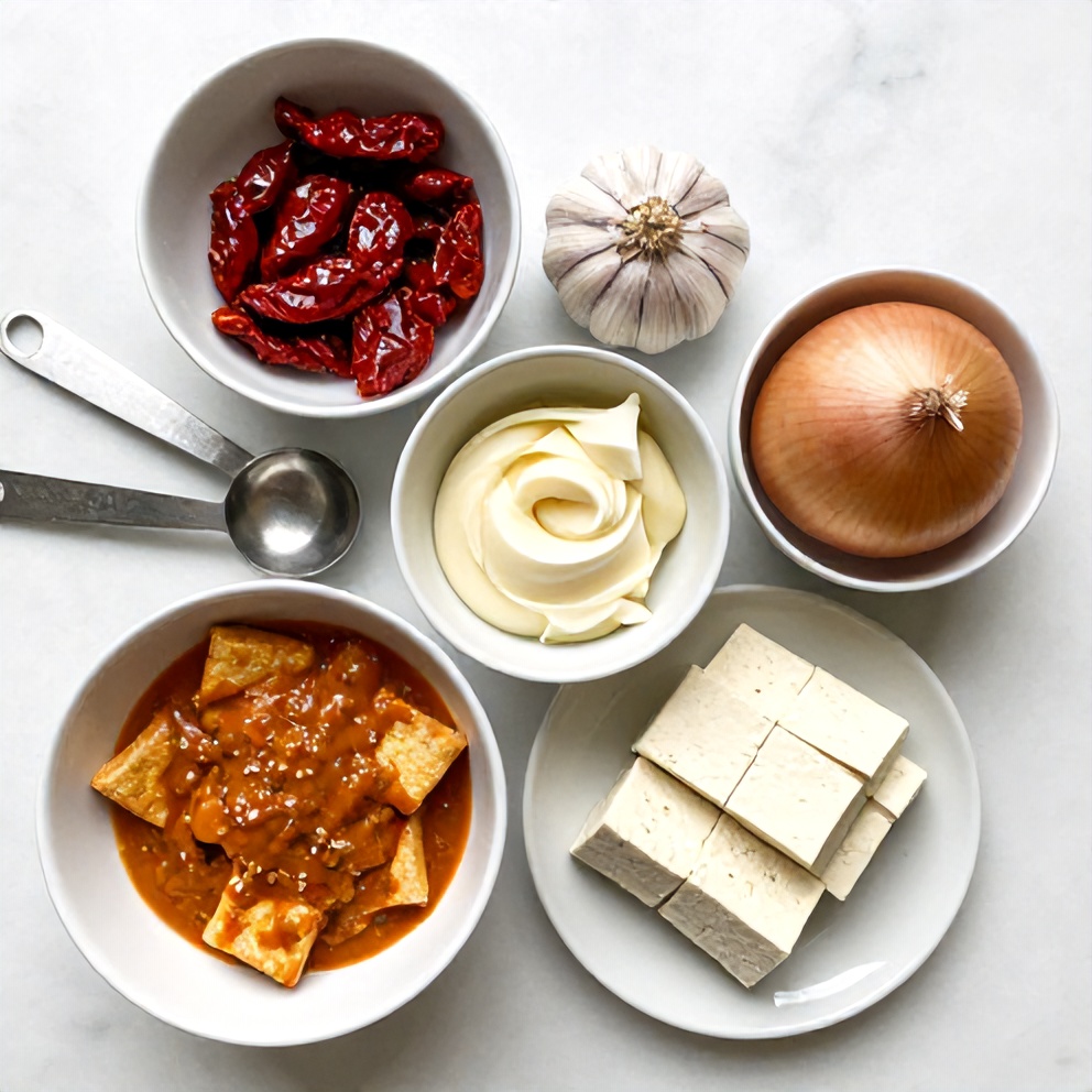 Raw ingredients for crispy tofu in creamy sun-dried tomato sauce