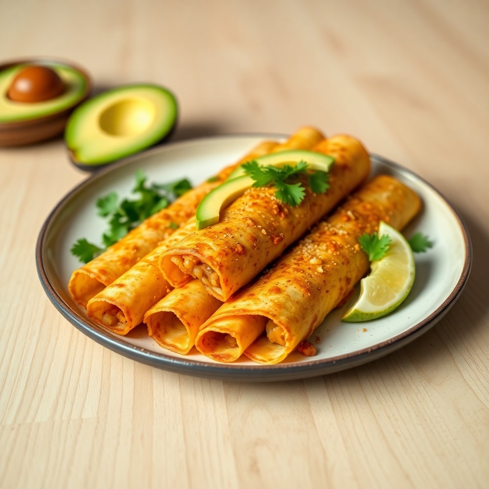 Plated vegan taquitos with avocado and lime on a light wooden table