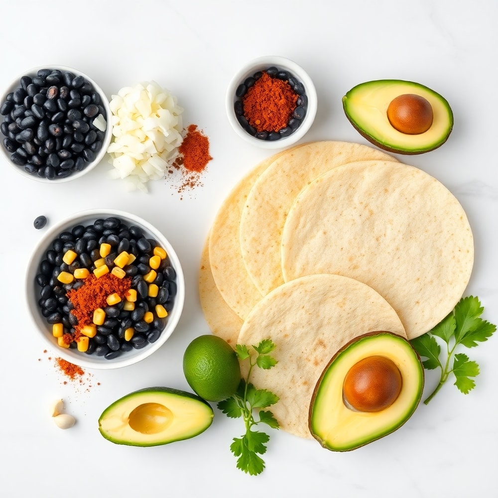 Raw ingredients for vegan taquitos laid out on a white marble surface