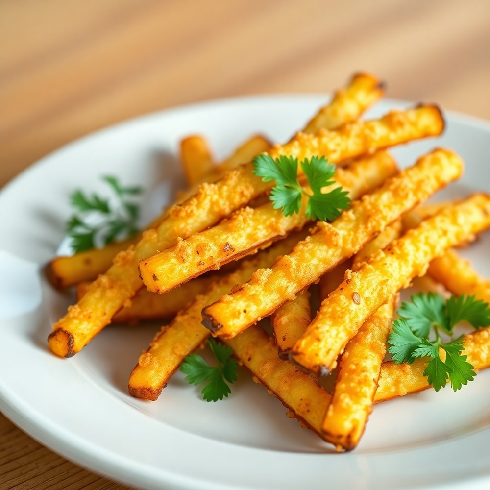 Plated serving of crispy zucchini fries with fresh parsley garnish on a white plate