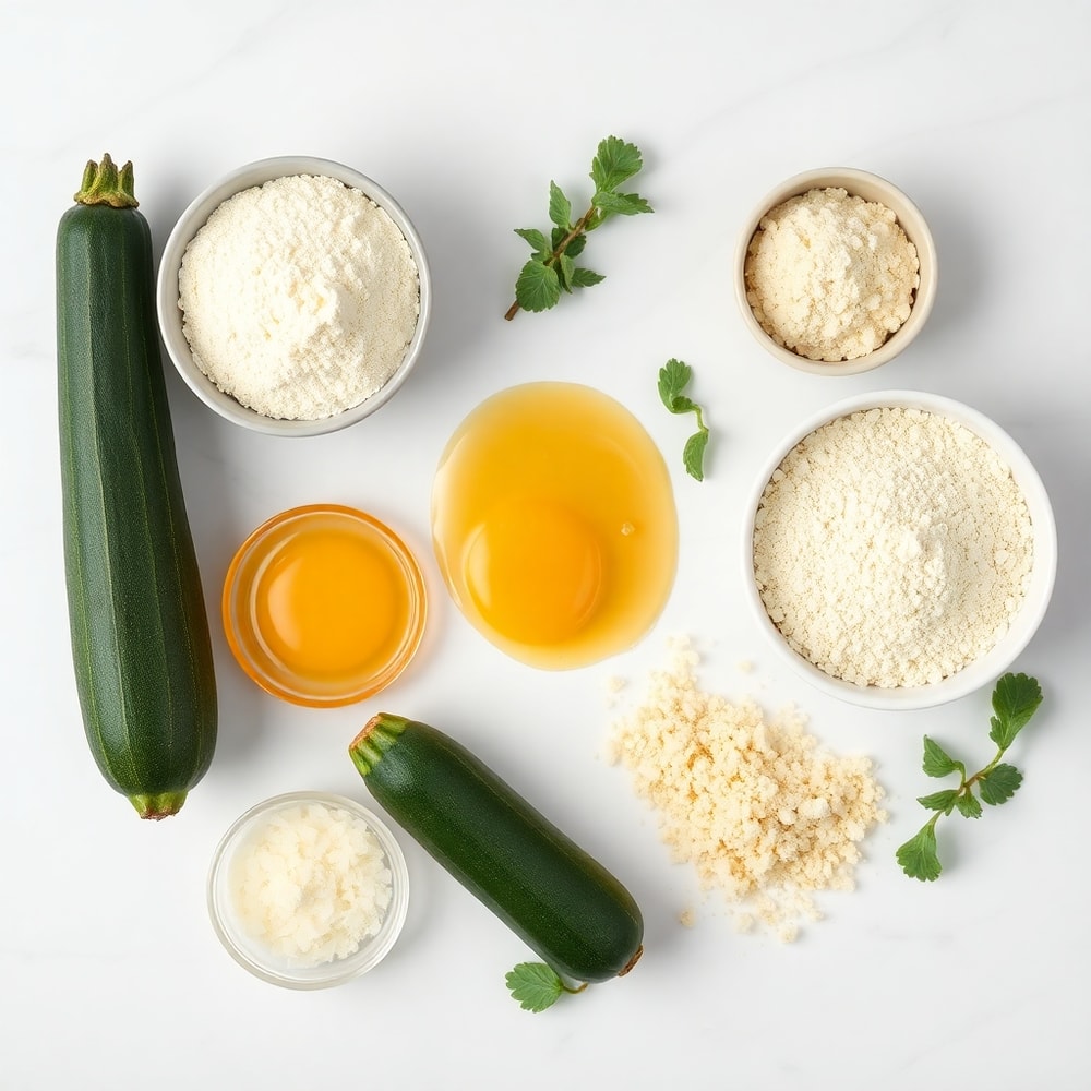 Raw zucchini, flour, eggs, breadcrumbs, Parmesan cheese, salt, and pepper arranged in a flat lay on a white marble surface