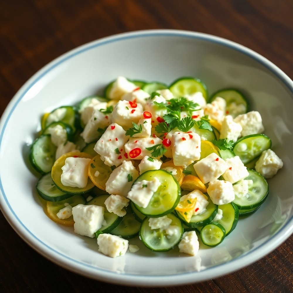 Plated serving of cucumber feta salad with crispy cucumbers and creamy dressing