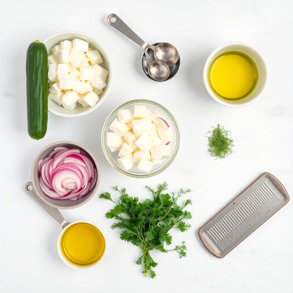 Raw ingredients for cucumber feta salad including cucumbers, feta, red onion, and fresh herbs