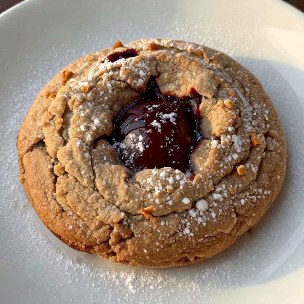 Plated chocolate cherry thumbprint cookie on a white plate