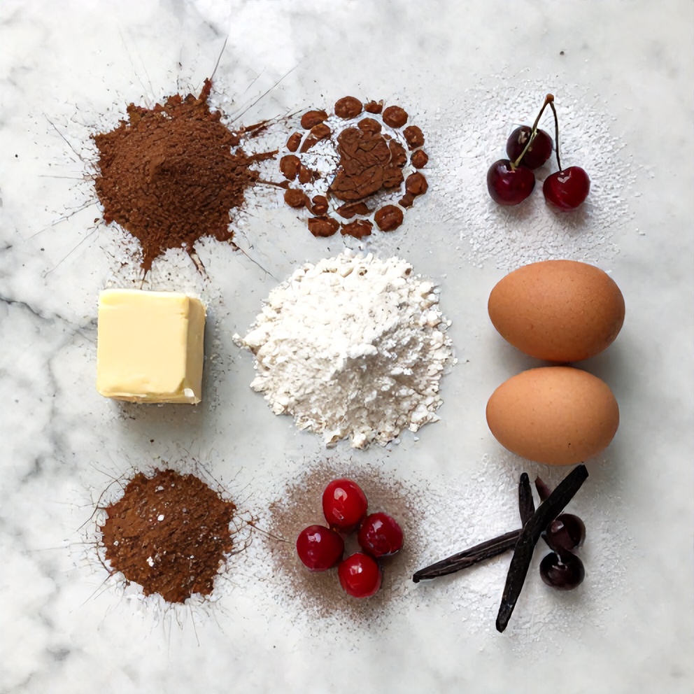 Raw ingredients for chocolate cherry thumbprint cookies on a white marble surface
