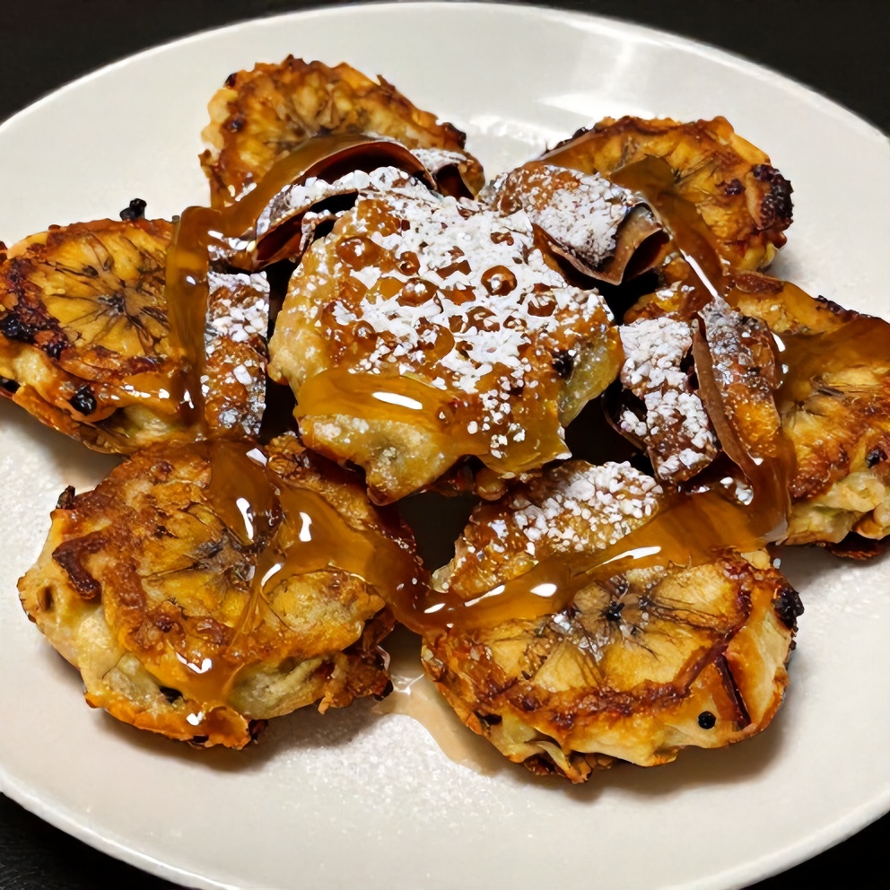 Plated baked cinnamon banana fritters with honey drizzle