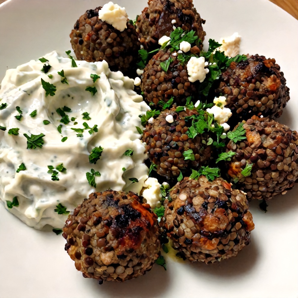 Plated Greek lentil meatballs with tzatziki sauce