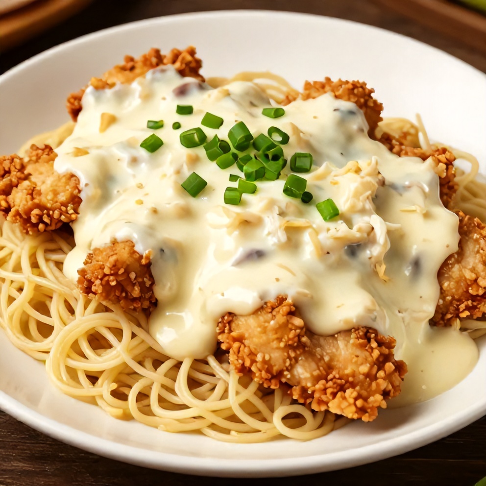 Plated sour cream onion chicken with green onions
