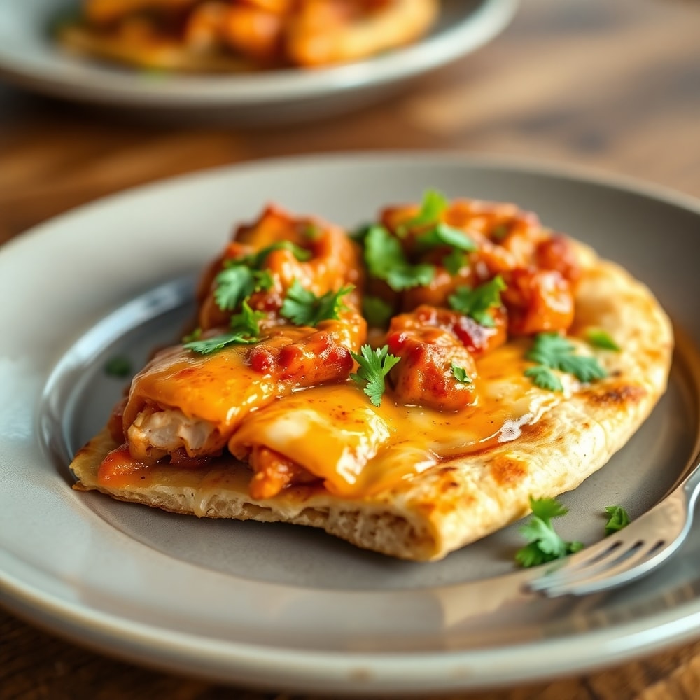 Plated BBQ Chicken Flatbread with cilantro garnish
