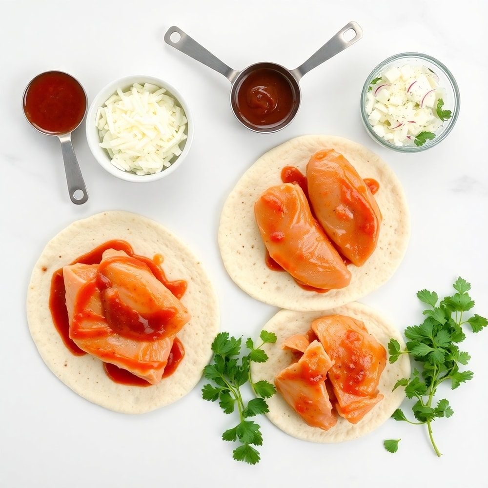 Raw ingredients for BBQ Chicken Flatbread: flatbread, chicken, BBQ sauce, cheese, red onion, cilantro