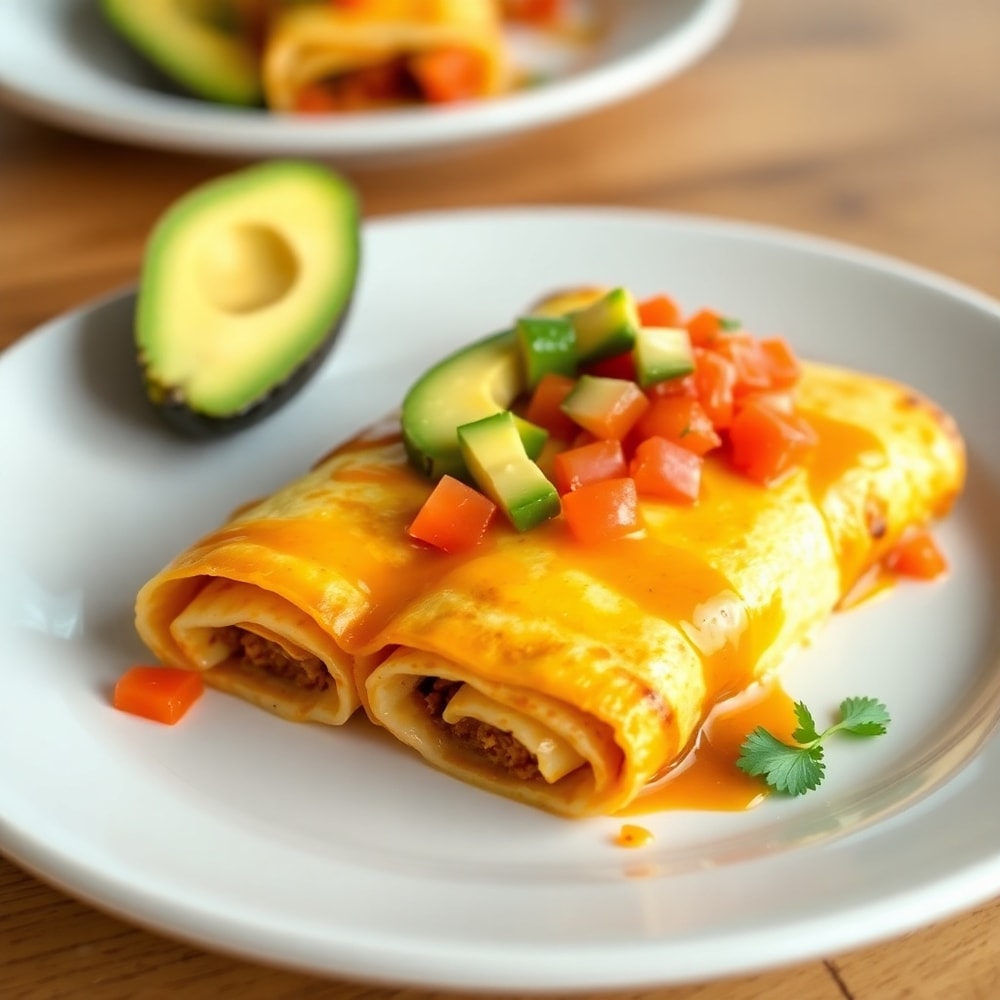 Plated Easy Breakfast Enchiladas with avocado and salsa