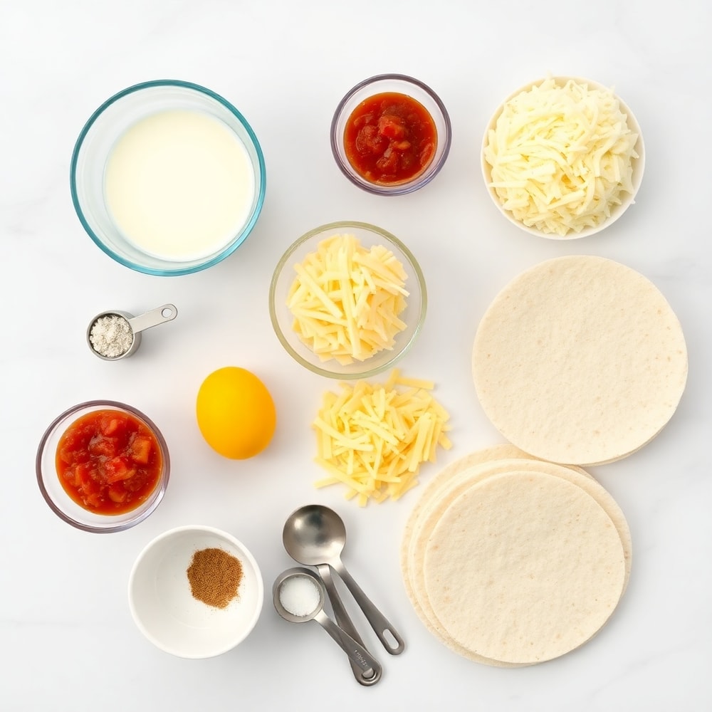 Raw ingredients for Easy Breakfast Enchiladas on a white marble surface