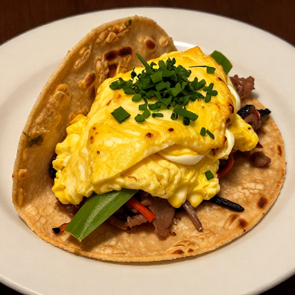 Plated breakfast taco with crispy shell, fluffy eggs, and fresh toppings