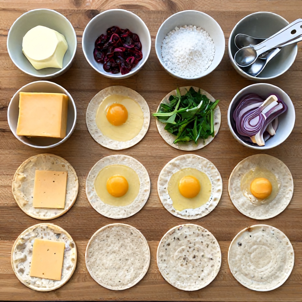 Raw ingredients for breakfast tacos laid out on a wooden surface