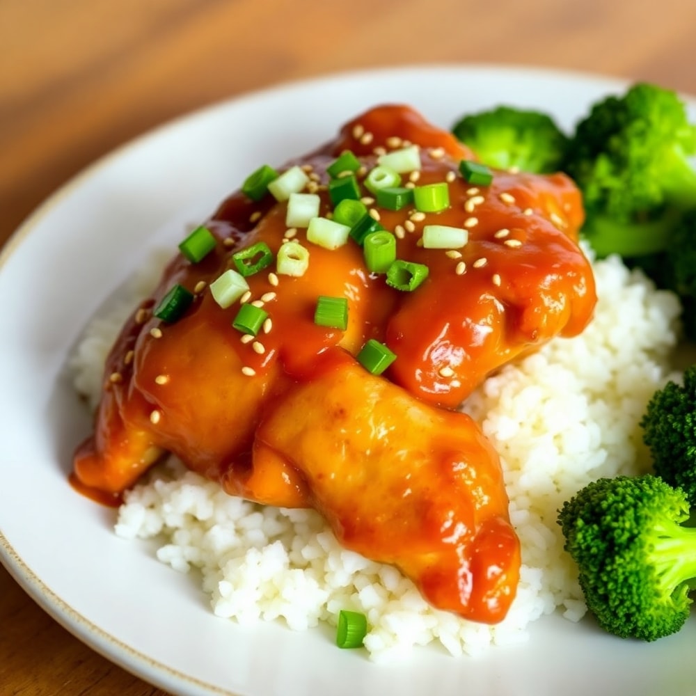 Plated Brown Sugar Pineapple Chicken with garnish