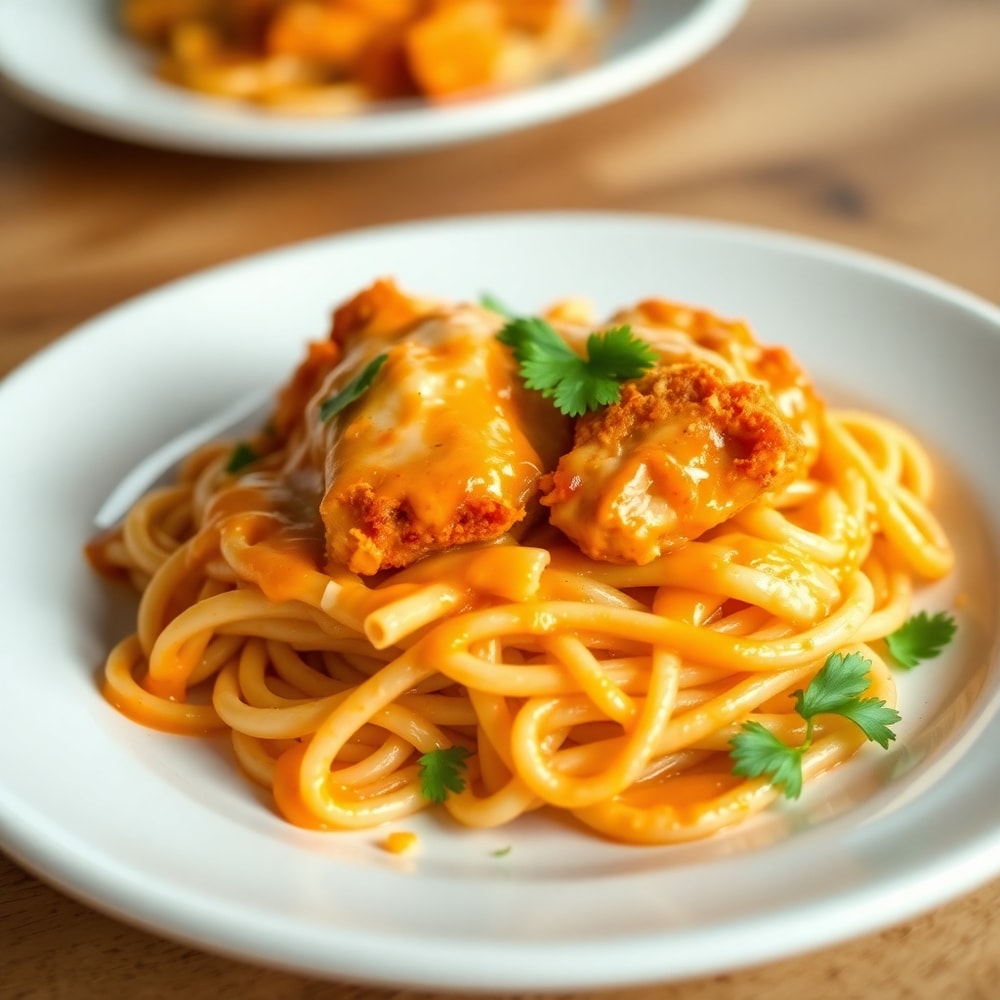 Plated buffalo chicken pasta with garnished parsley