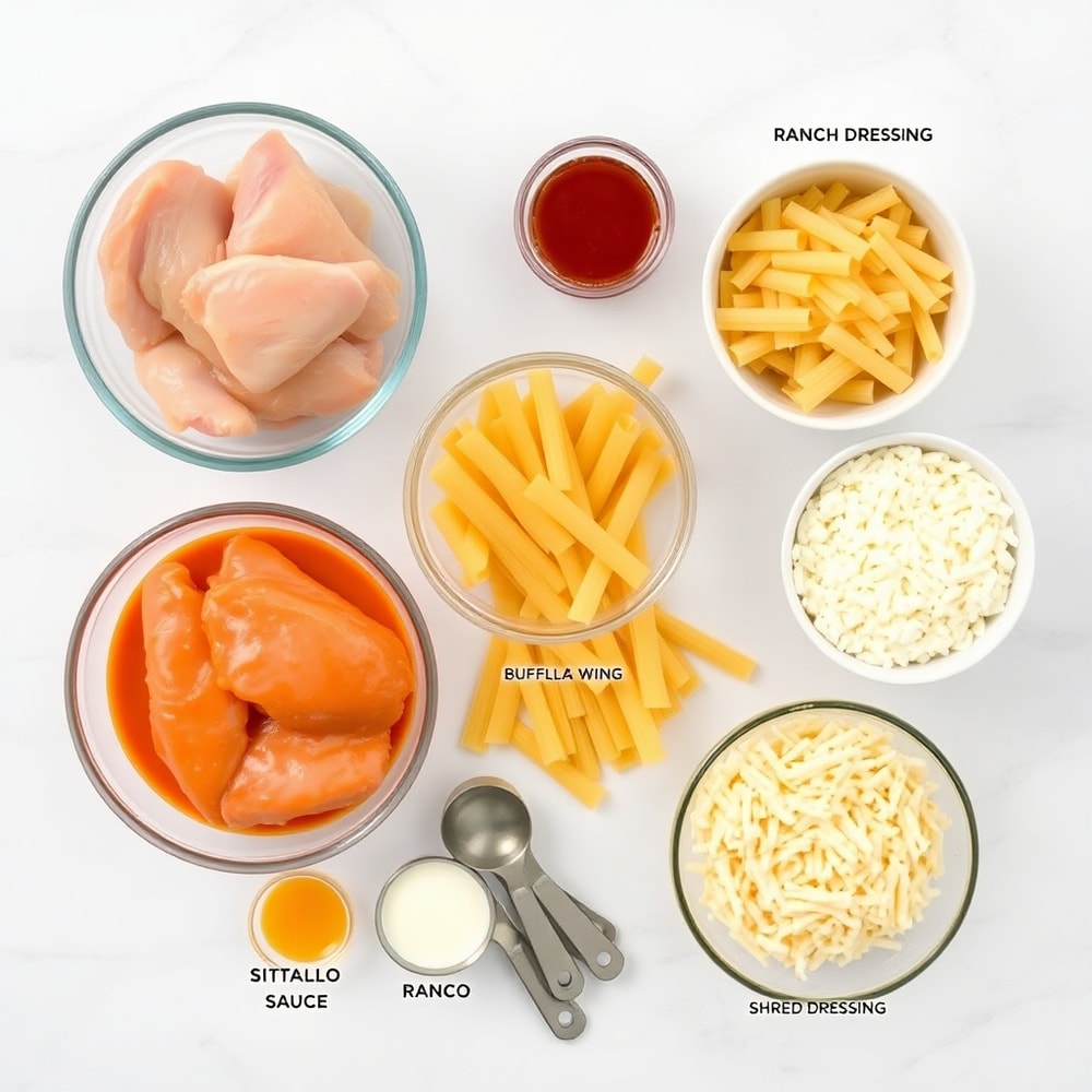 Raw ingredients for buffalo chicken pasta laid out on a white marble surface