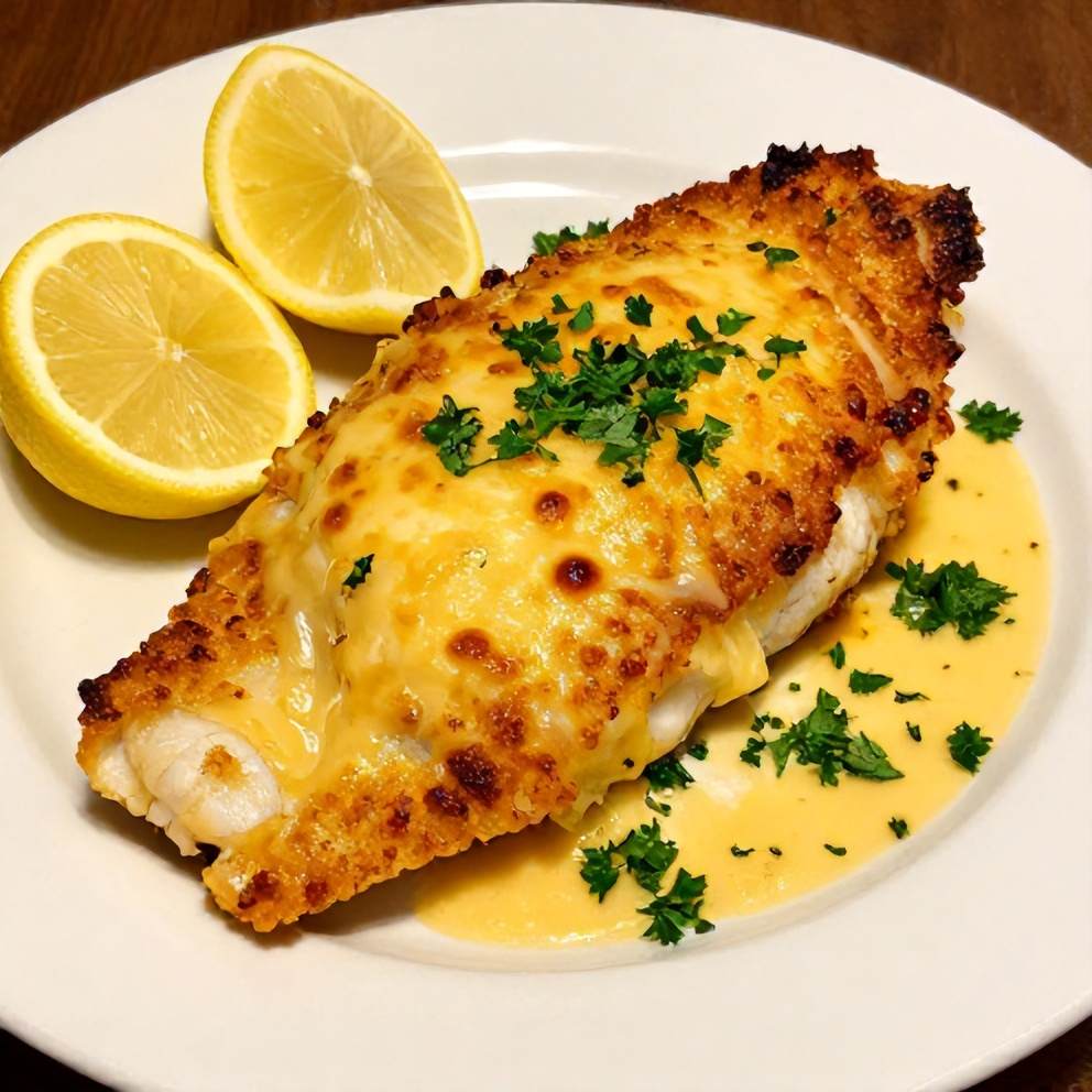 Plated serving of Easy Cheesy Baked Halibut