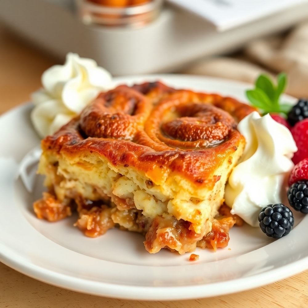 Cinnamon Roll Casserole served with whipped cream